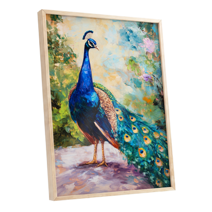 Peacock Garden Glow, blue, green, beige nature wall art shown as a oak framed poster wall art print
