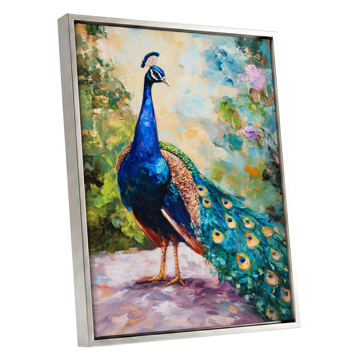 Peacock Garden Glow, blue, green, beige nature wall art shown as a silver framed canvas wall art