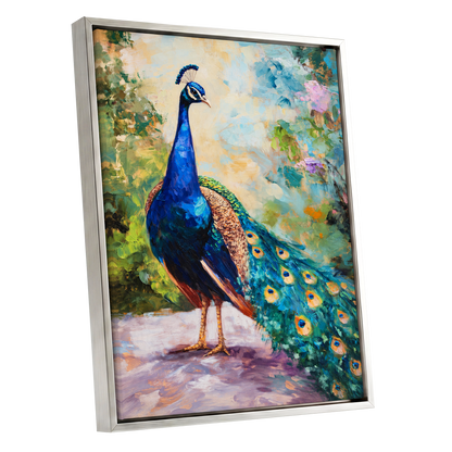 Peacock Garden Glow, blue, green, beige nature wall art shown as a silver framed canvas wall art