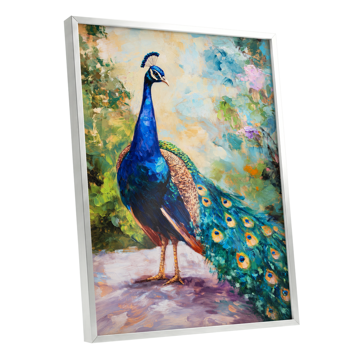 Peacock Garden Glow, blue, green, beige nature wall art shown as a silver framed poster wall art print