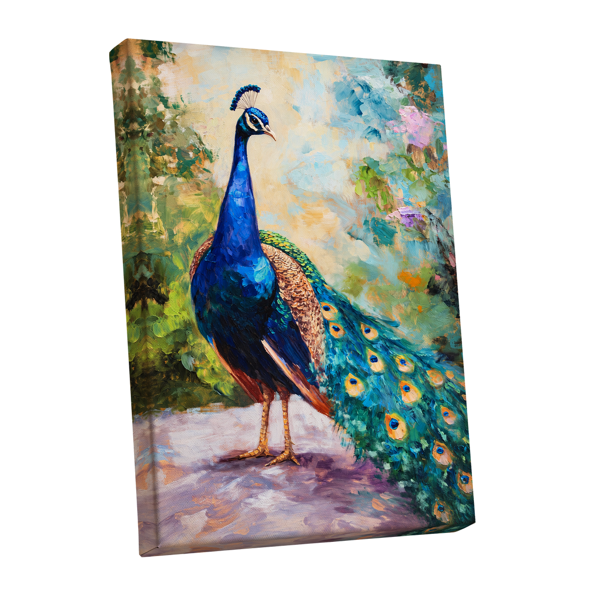 Peacock Garden Glow, blue, green, beige nature wall art shown as a stretched canvas wall art