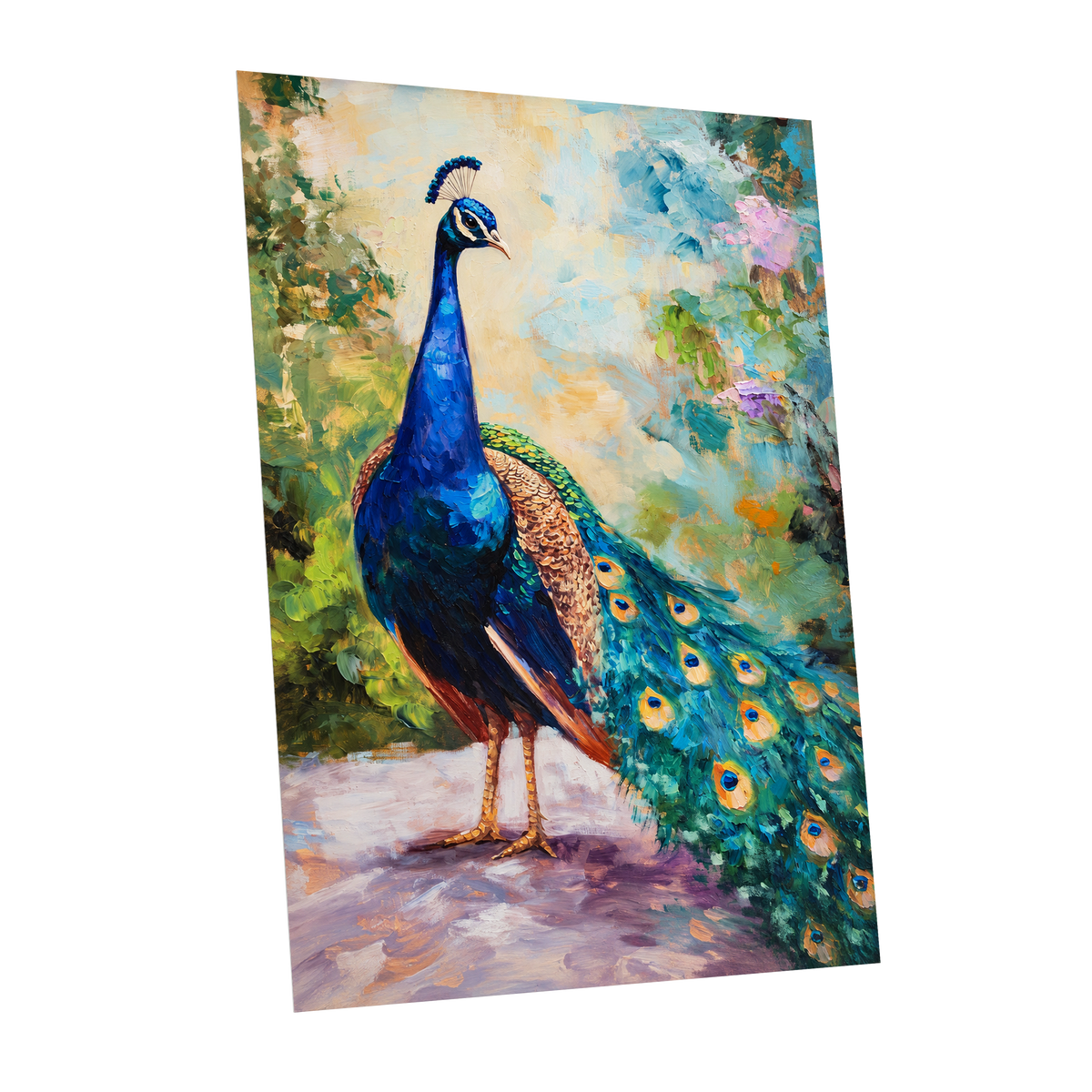 Peacock Garden Glow, blue, green, beige nature wall art shown as a unframed poster wall art print