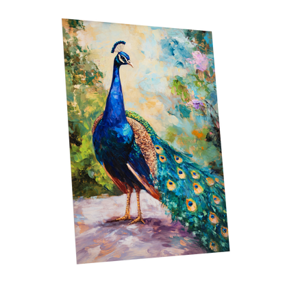 Peacock Garden Glow, blue, green, beige nature wall art shown as a unframed poster wall art print