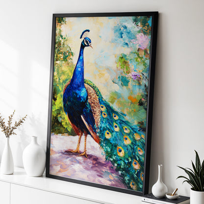 Peacock Garden Glow, blue, green, beige nature wall art displayed in a styled interior, gallery view 2