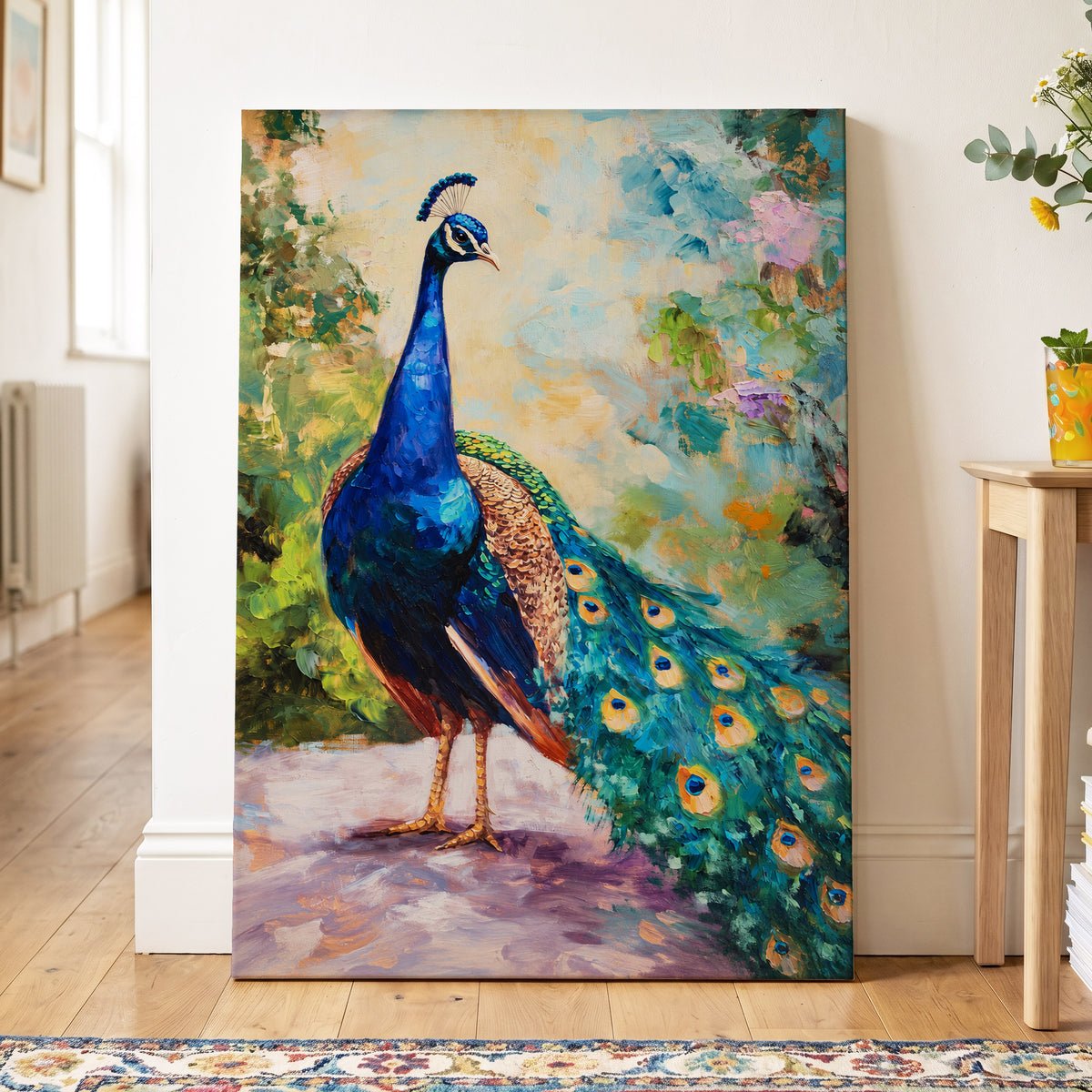 Peacock Garden Glow, blue, green, beige nature wall art displayed in a styled interior, gallery view 3