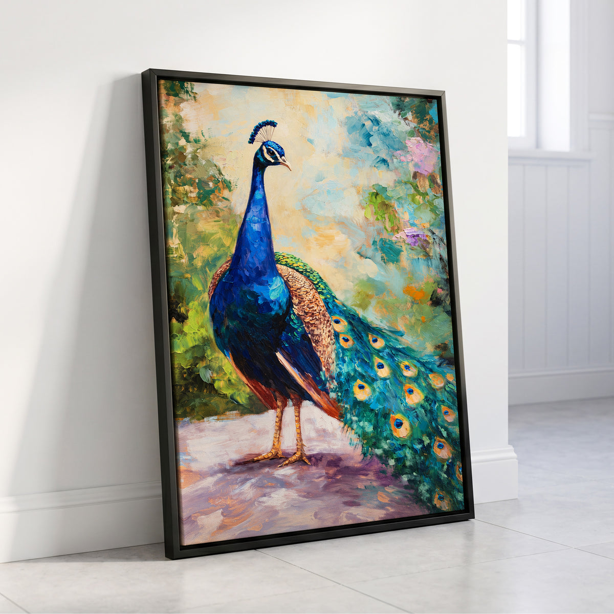 Peacock Garden Glow, blue, green, beige nature wall art displayed in a styled interior, gallery view 4