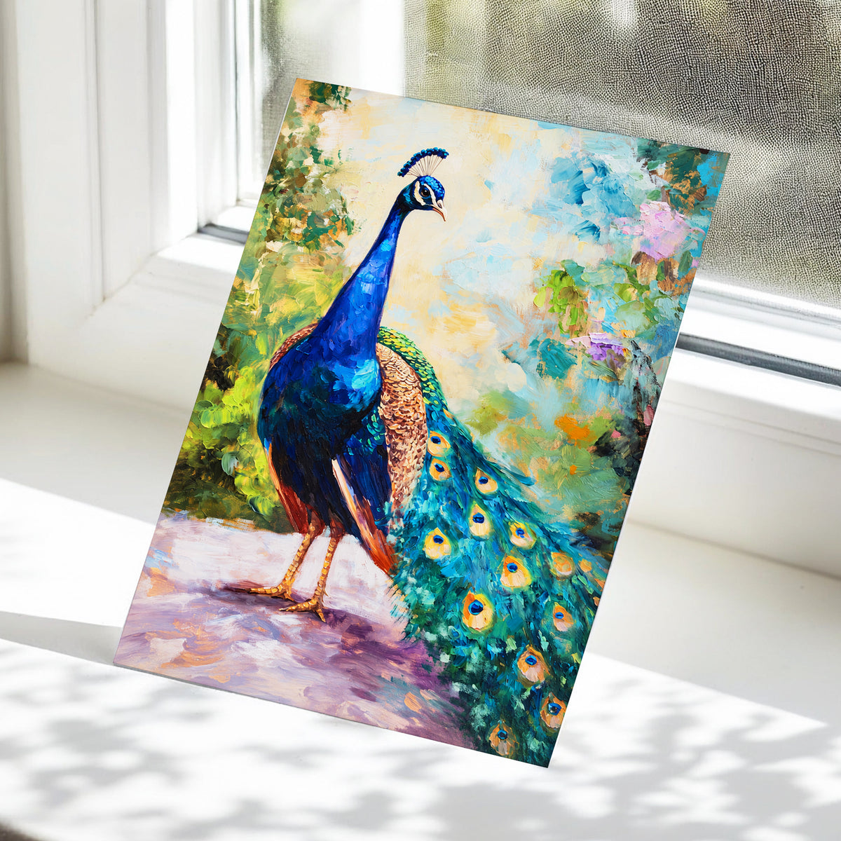 Peacock Garden Glow, blue, green, beige nature wall art displayed in a styled interior, gallery view 5