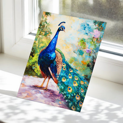 Peacock Garden Glow, blue, green, beige nature wall art displayed in a styled interior, gallery view 5