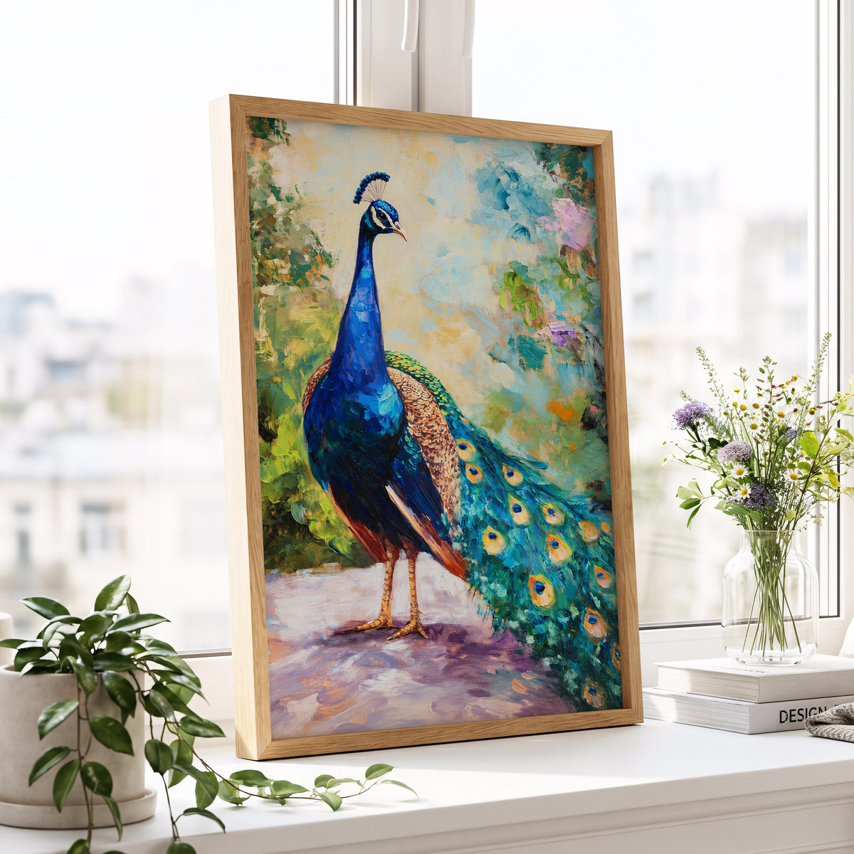 Peacock Garden Glow, blue, green, beige nature wall art displayed in a styled interior, gallery view 6