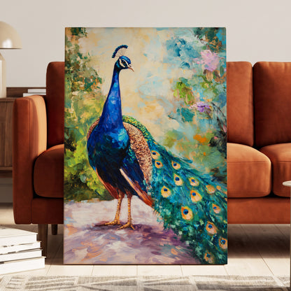 Peacock Garden Glow, blue, green, beige nature wall art displayed in a styled interior, gallery view 7