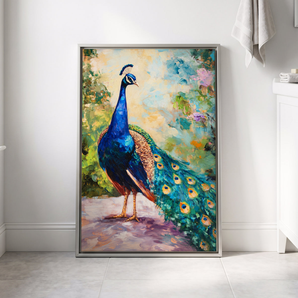 Peacock Garden Glow, blue, green, beige nature wall art displayed in a styled interior, gallery view 8