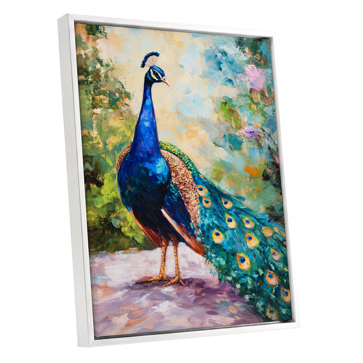 Peacock Garden Glow, blue, green, beige nature wall art shown as a white framed canvas wall art