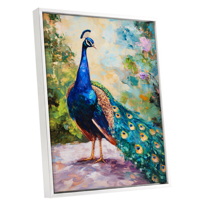 Peacock Garden Glow, blue, green, beige nature wall art shown as a white framed canvas wall art