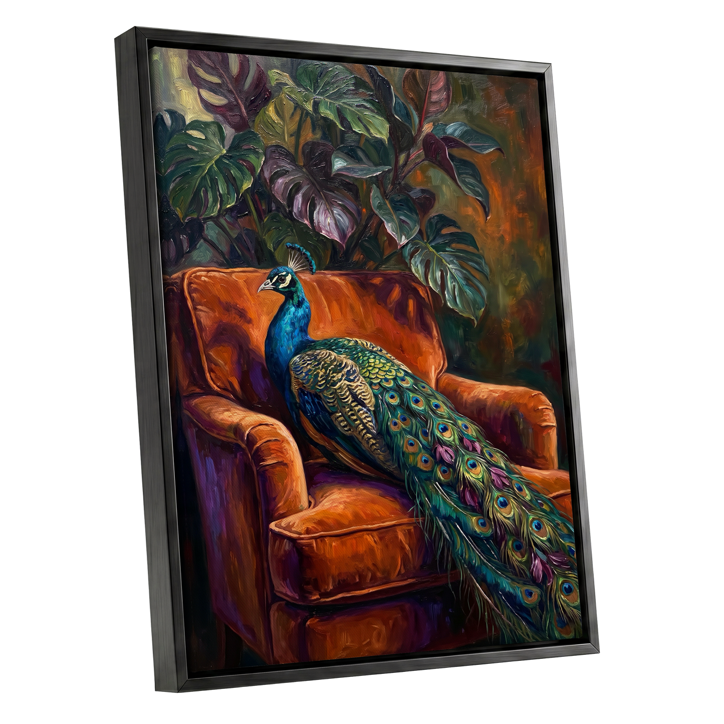 Peacock in Amber, green, orange, blue nature wall art shown as a black framed canvas wall art