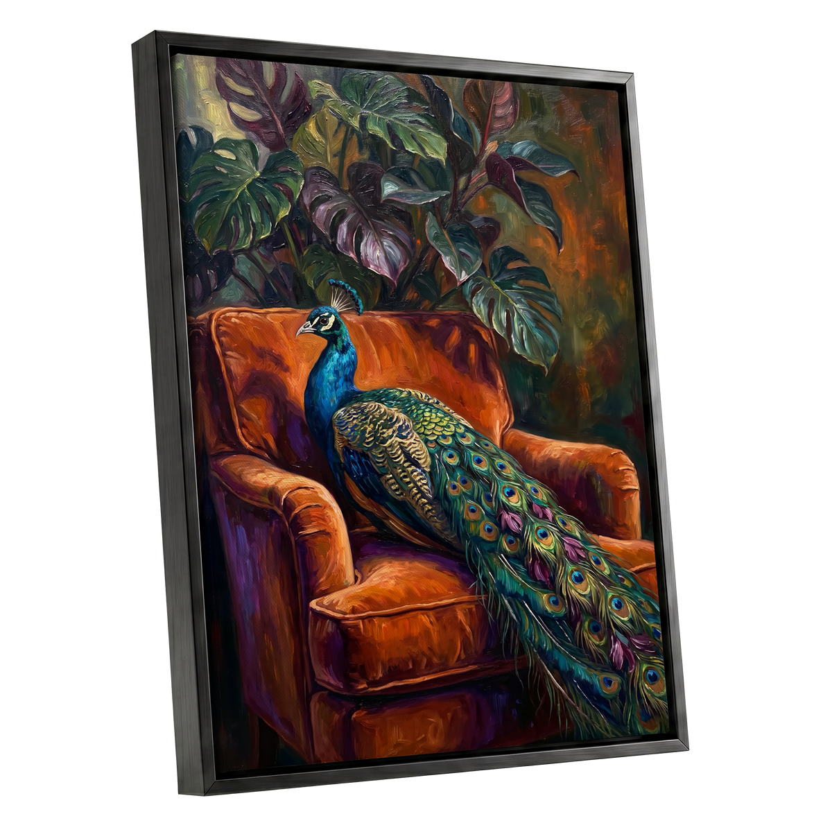 Peacock in Amber, green, orange, blue nature wall art shown as a black framed canvas wall art