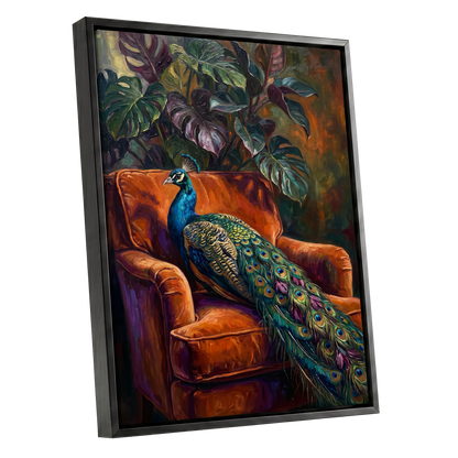 Peacock in Amber, green, orange, blue nature wall art shown as a black framed canvas wall art
