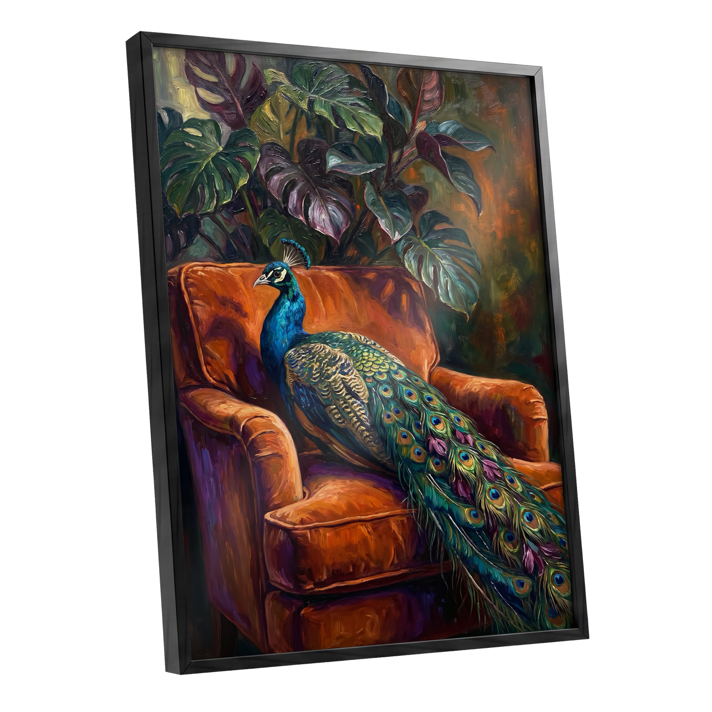 Peacock in Amber, green, orange, blue nature wall art shown as a black framed poster wall art print