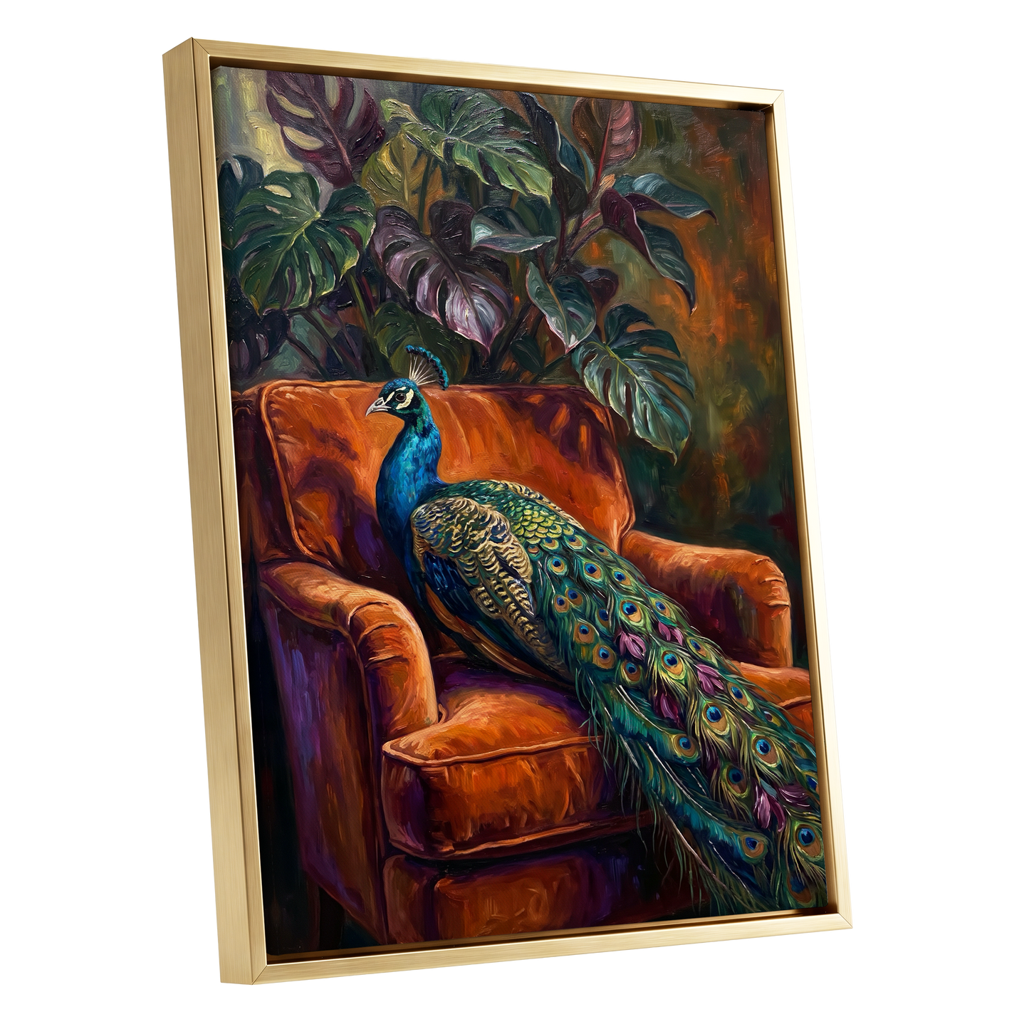 Peacock in Amber, green, orange, blue nature wall art shown as a gold framed canvas wall art