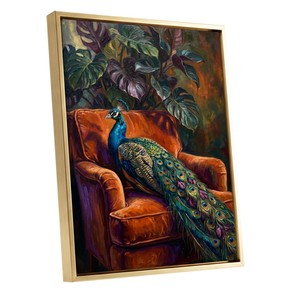 Peacock in Amber, green, orange, blue nature wall art shown as a gold framed canvas wall art