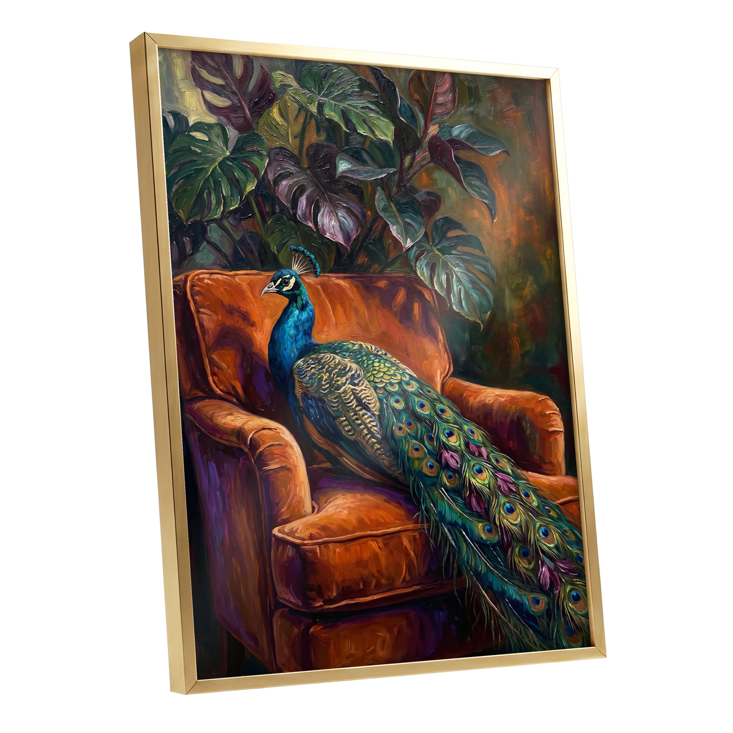 Peacock in Amber, green, orange, blue nature wall art shown as a gold framed poster wall art print
