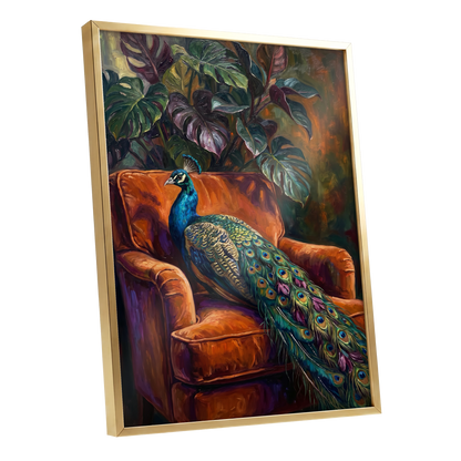 Peacock in Amber, green, orange, blue nature wall art shown as a gold framed poster wall art print