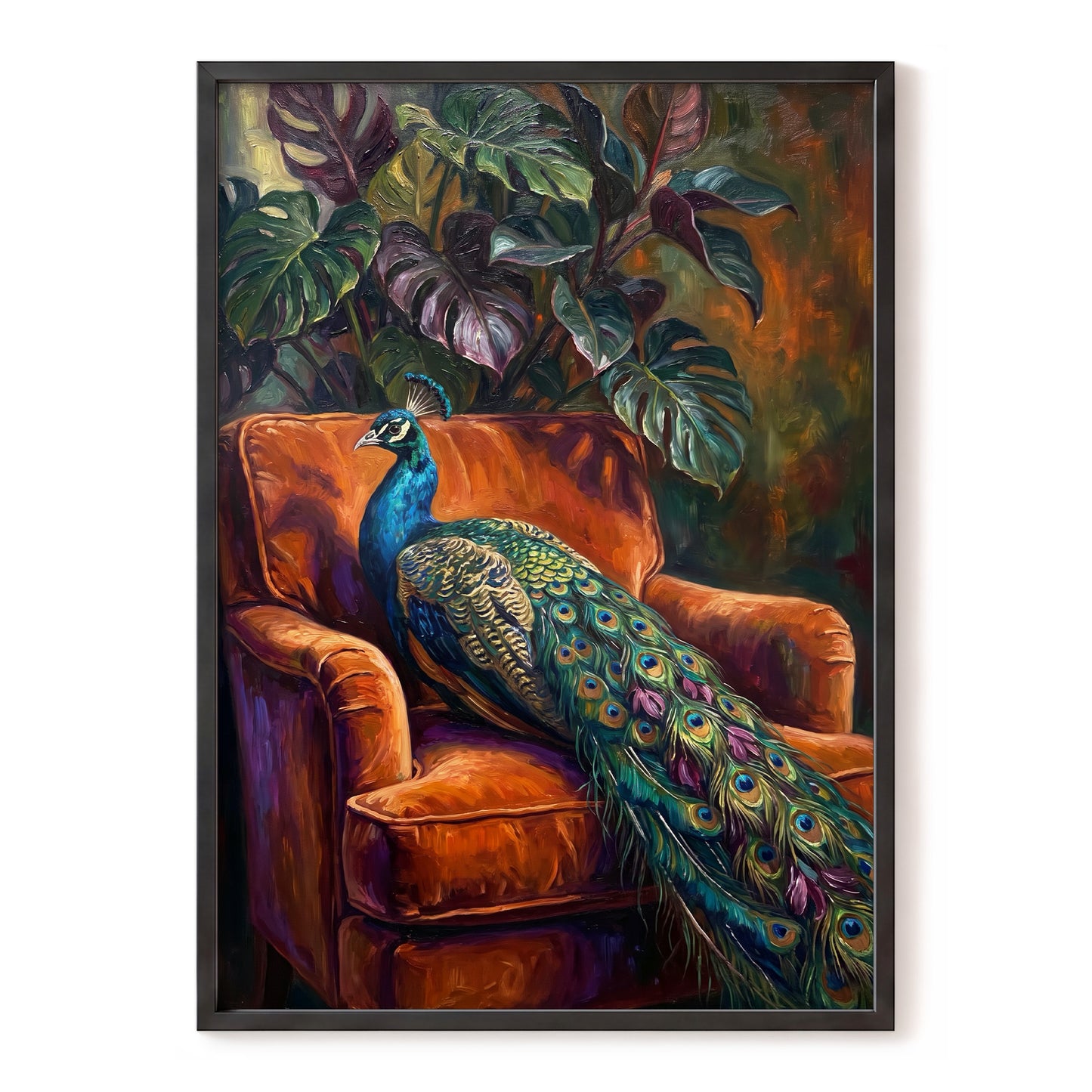 Peacock in Amber, green, orange, blue nature wall art, front artwork view