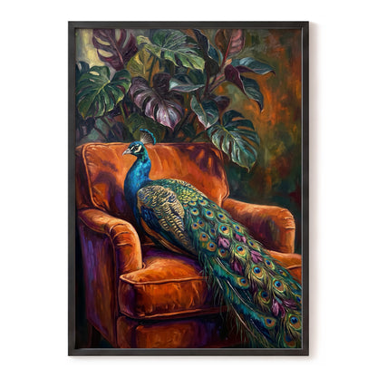 Peacock in Amber, green, orange, blue nature wall art, front artwork view