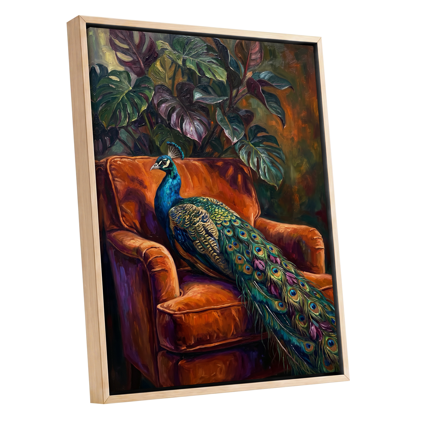 Peacock in Amber, green, orange, blue nature wall art shown as a oak framed canvas wall art