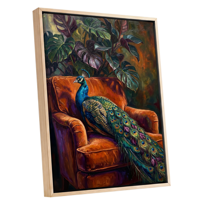 Peacock in Amber, green, orange, blue nature wall art shown as a oak framed canvas wall art