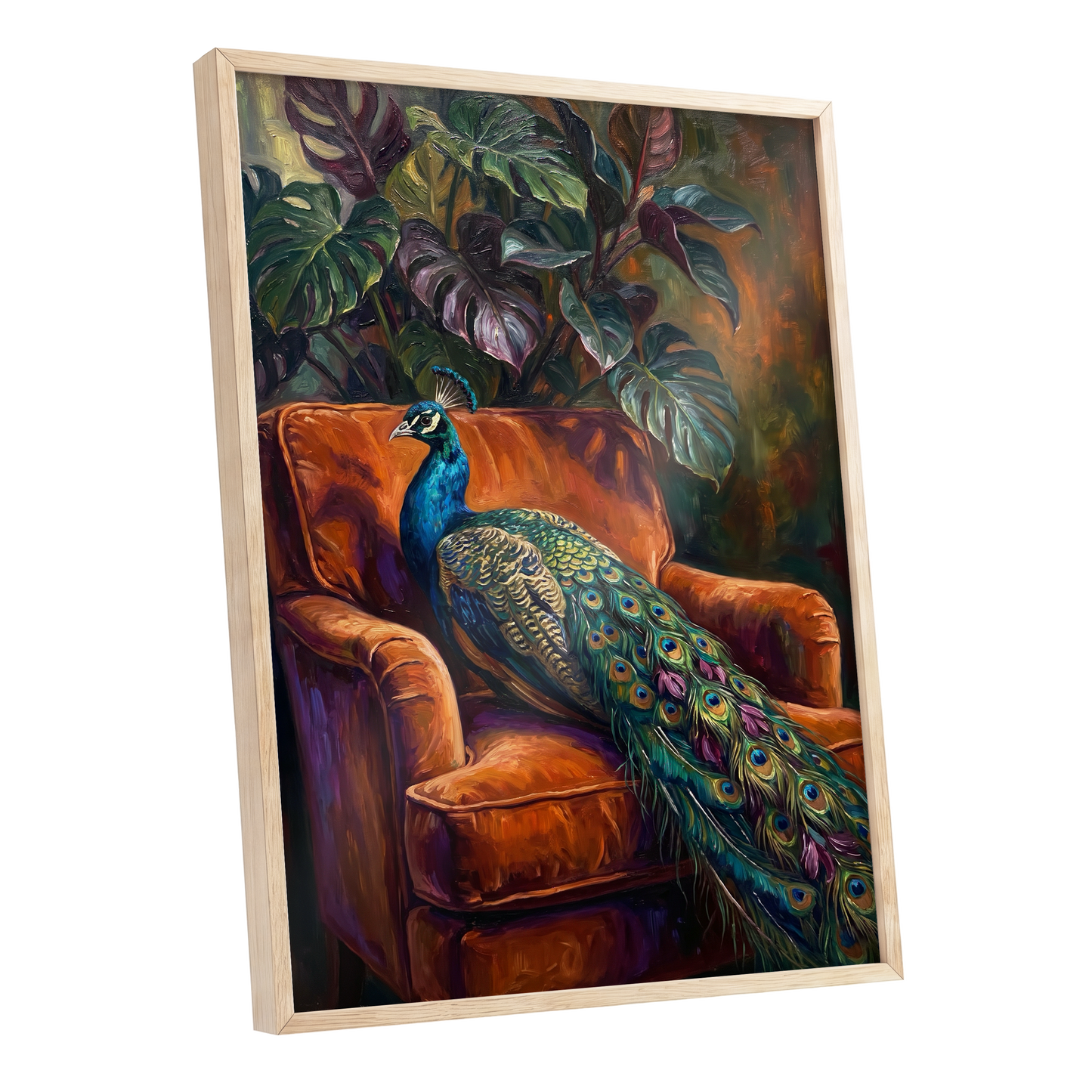 Peacock in Amber, green, orange, blue nature wall art shown as a oak framed poster wall art print