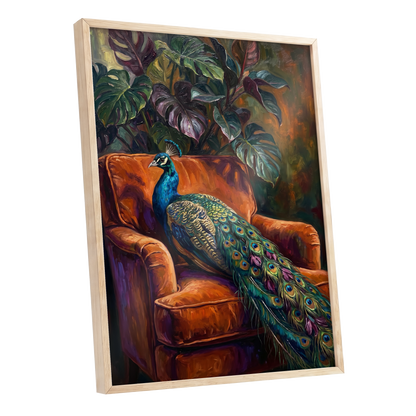 Peacock in Amber, green, orange, blue nature wall art shown as a oak framed poster wall art print