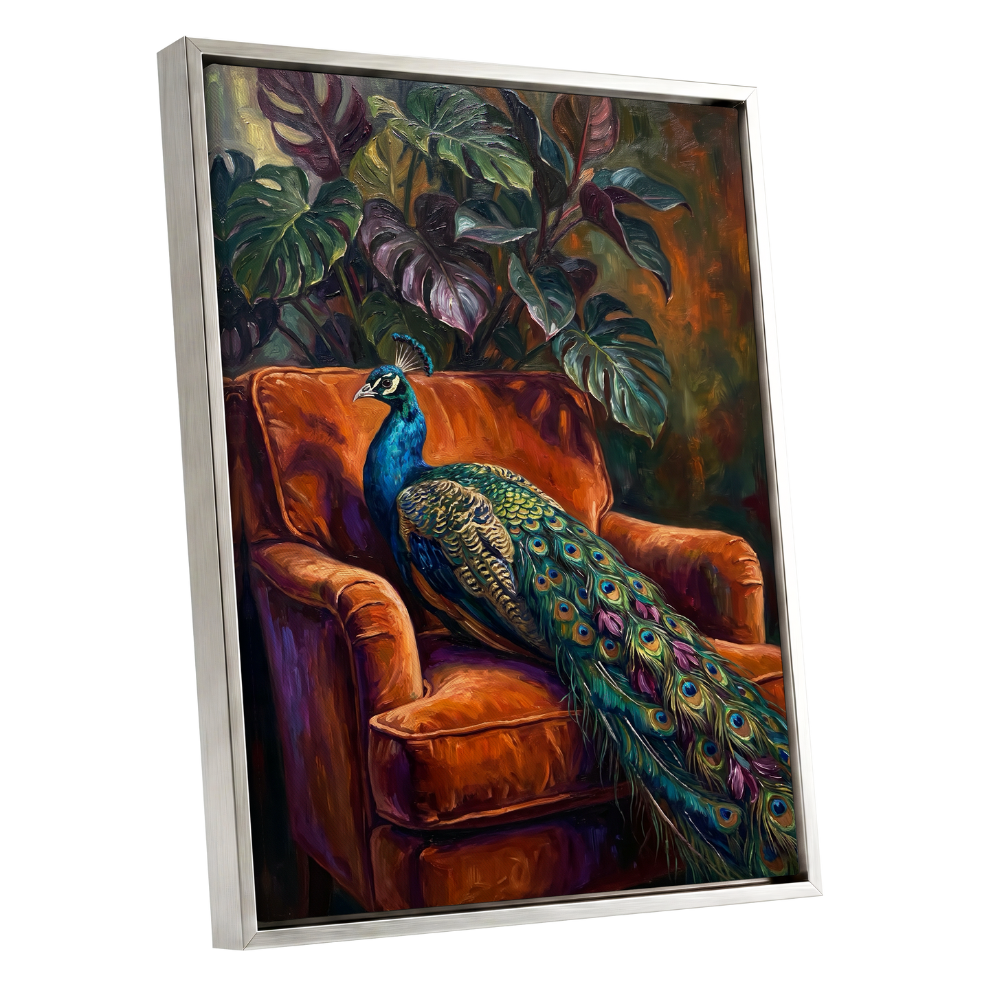 Peacock in Amber, green, orange, blue nature wall art shown as a silver framed canvas wall art