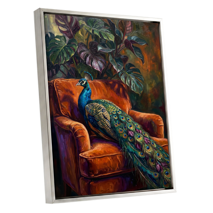 Peacock in Amber, green, orange, blue nature wall art shown as a silver framed canvas wall art