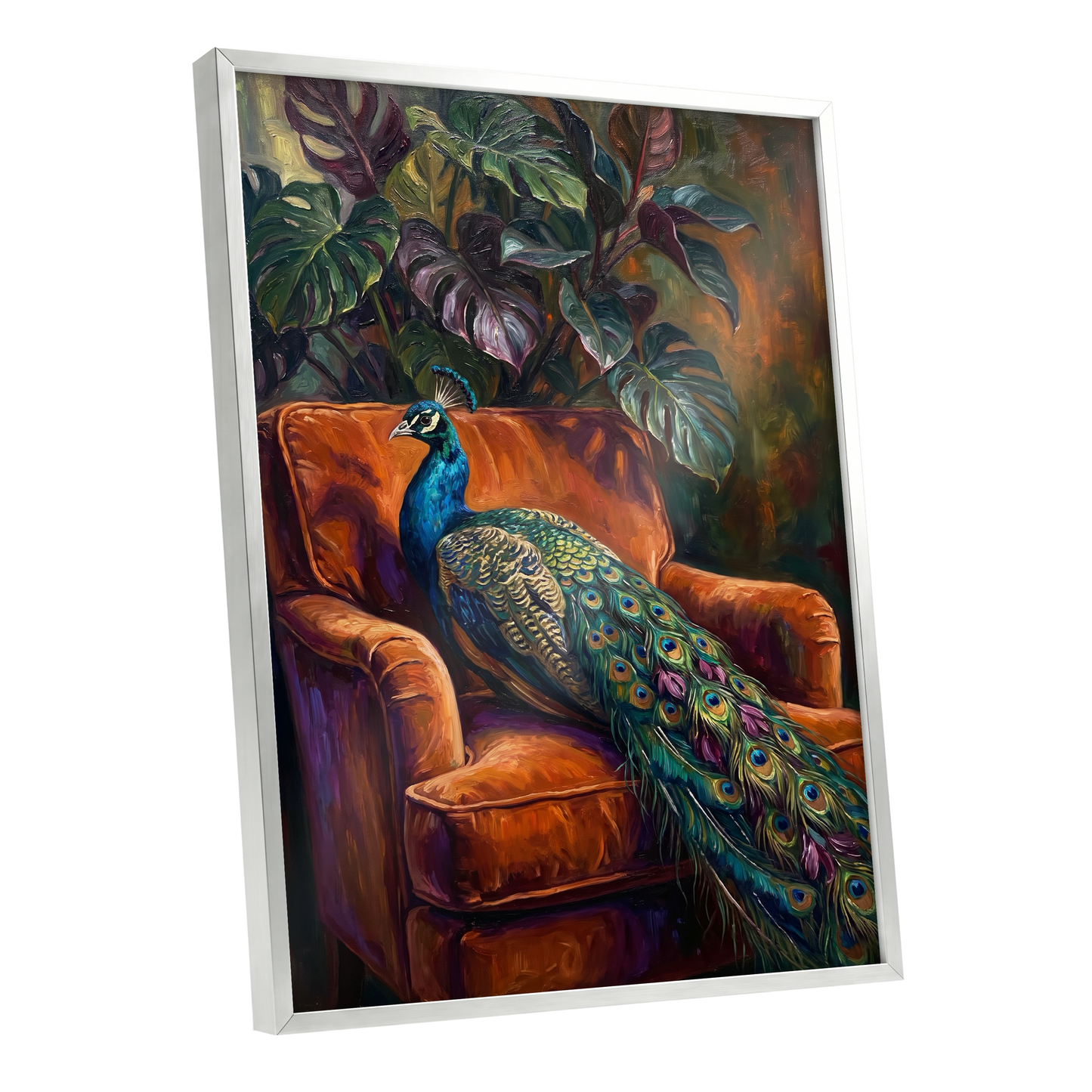 Peacock in Amber, green, orange, blue nature wall art shown as a silver framed poster wall art print