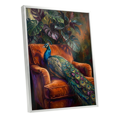 Peacock in Amber, green, orange, blue nature wall art shown as a silver framed poster wall art print