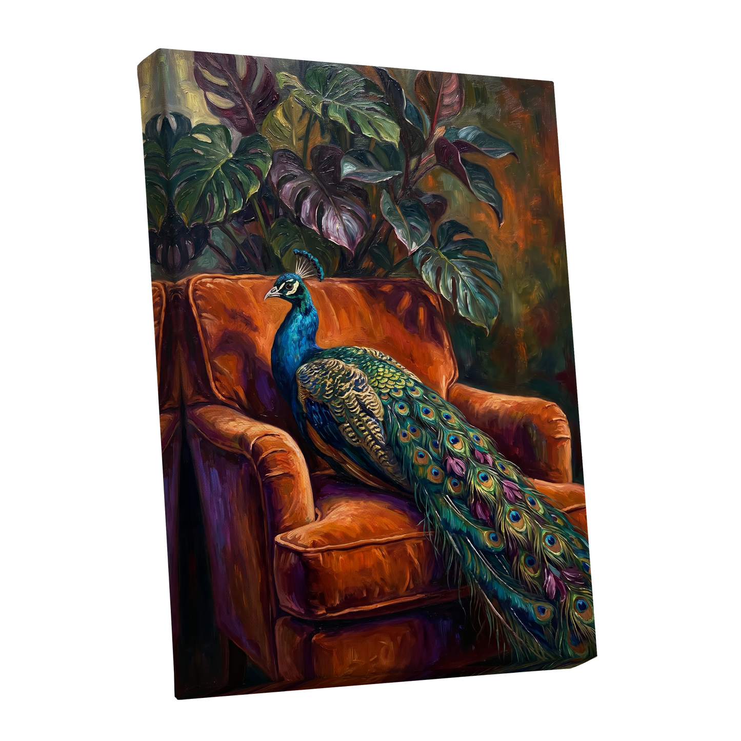 Peacock in Amber, green, orange, blue nature wall art shown as a stretched canvas wall art