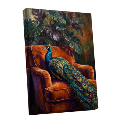 Peacock in Amber, green, orange, blue nature wall art shown as a stretched canvas wall art