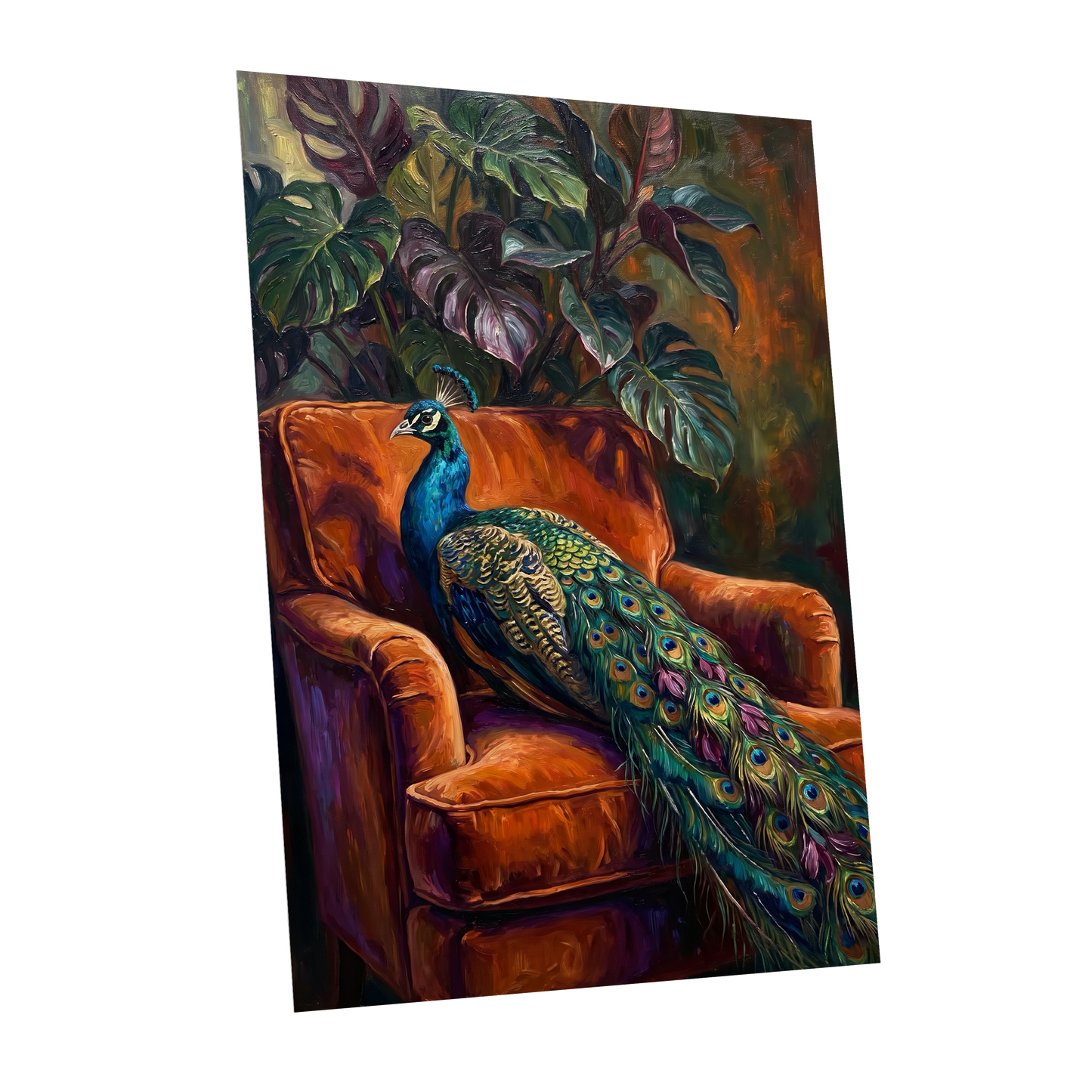 Peacock in Amber, green, orange, blue nature wall art shown as a unframed poster wall art print