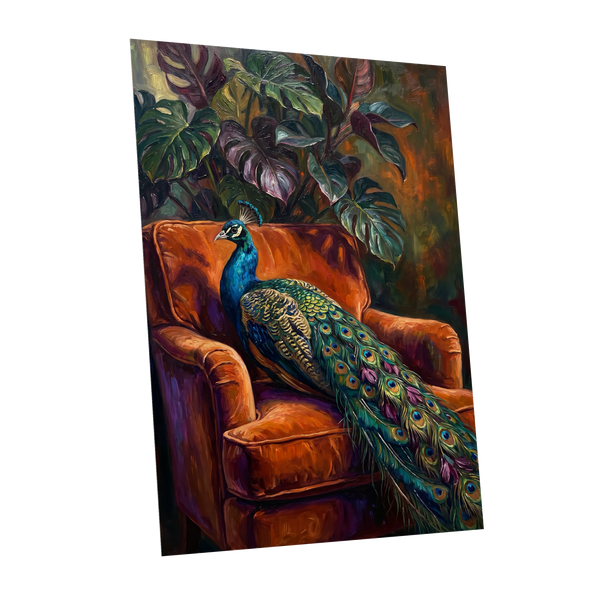 Peacock in Amber, green, orange, blue nature wall art shown as a unframed poster wall art print