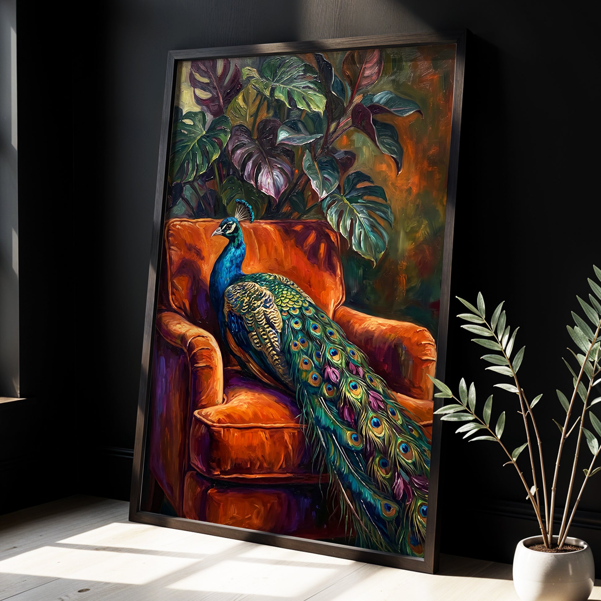 Peacock in Amber, green, orange, blue nature wall art displayed in a styled interior, gallery view 2