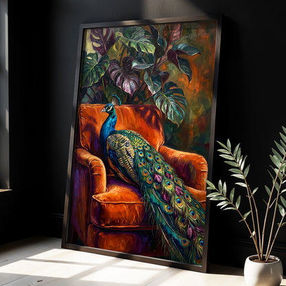 Peacock in Amber, green, orange, blue nature wall art displayed in a styled interior, gallery view 2
