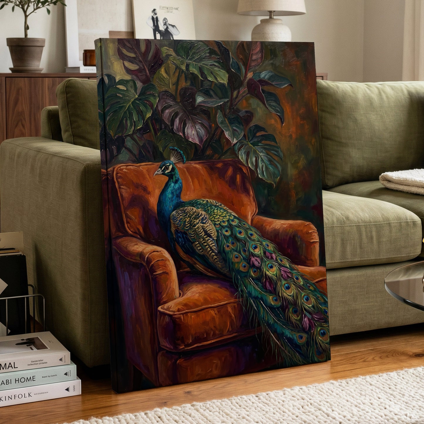 Peacock in Amber, green, orange, blue nature wall art displayed in a styled interior, gallery view 3