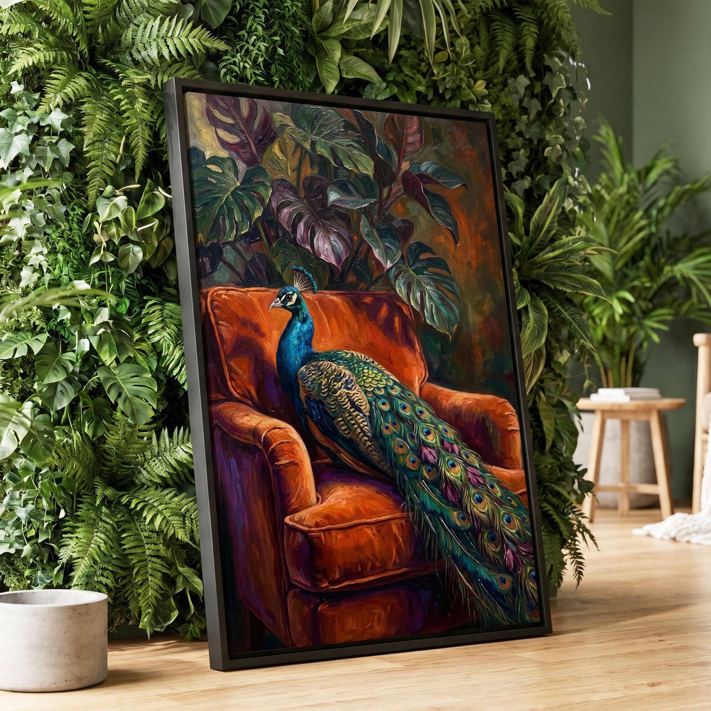 Peacock in Amber, green, orange, blue nature wall art displayed in a styled interior, gallery view 4