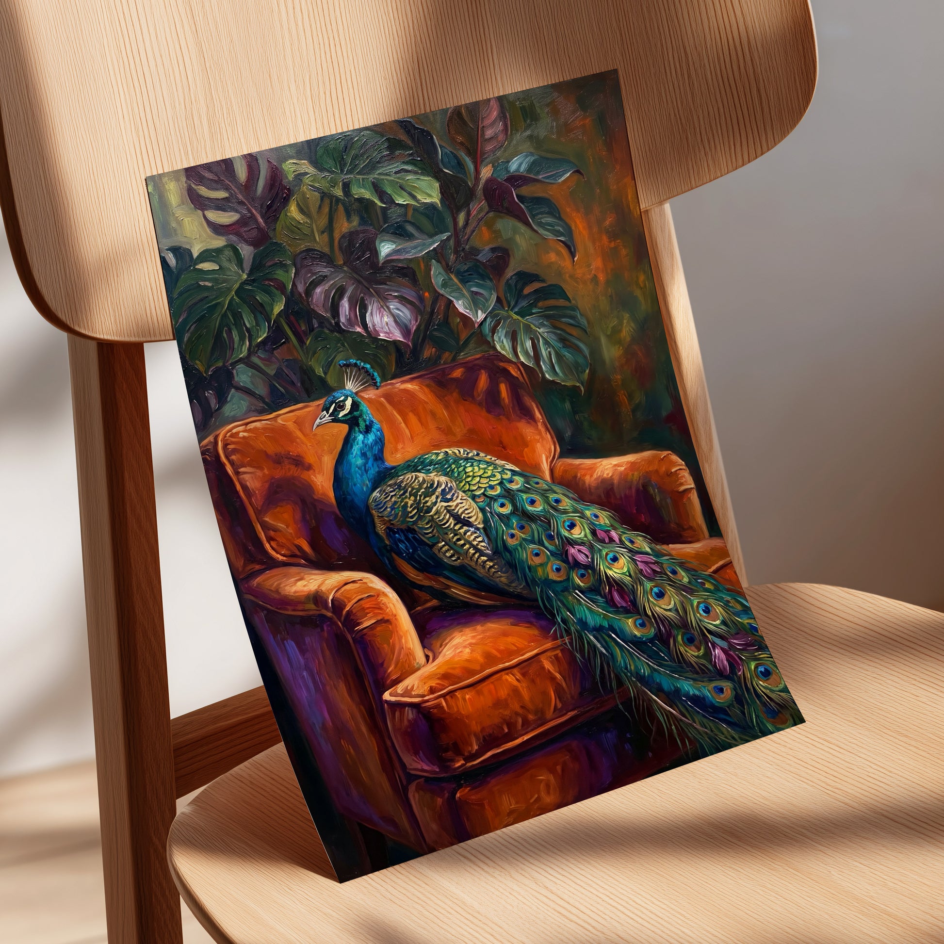 Peacock in Amber, green, orange, blue nature wall art displayed in a styled interior, gallery view 5