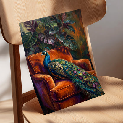 Peacock in Amber, green, orange, blue nature wall art displayed in a styled interior, gallery view 5