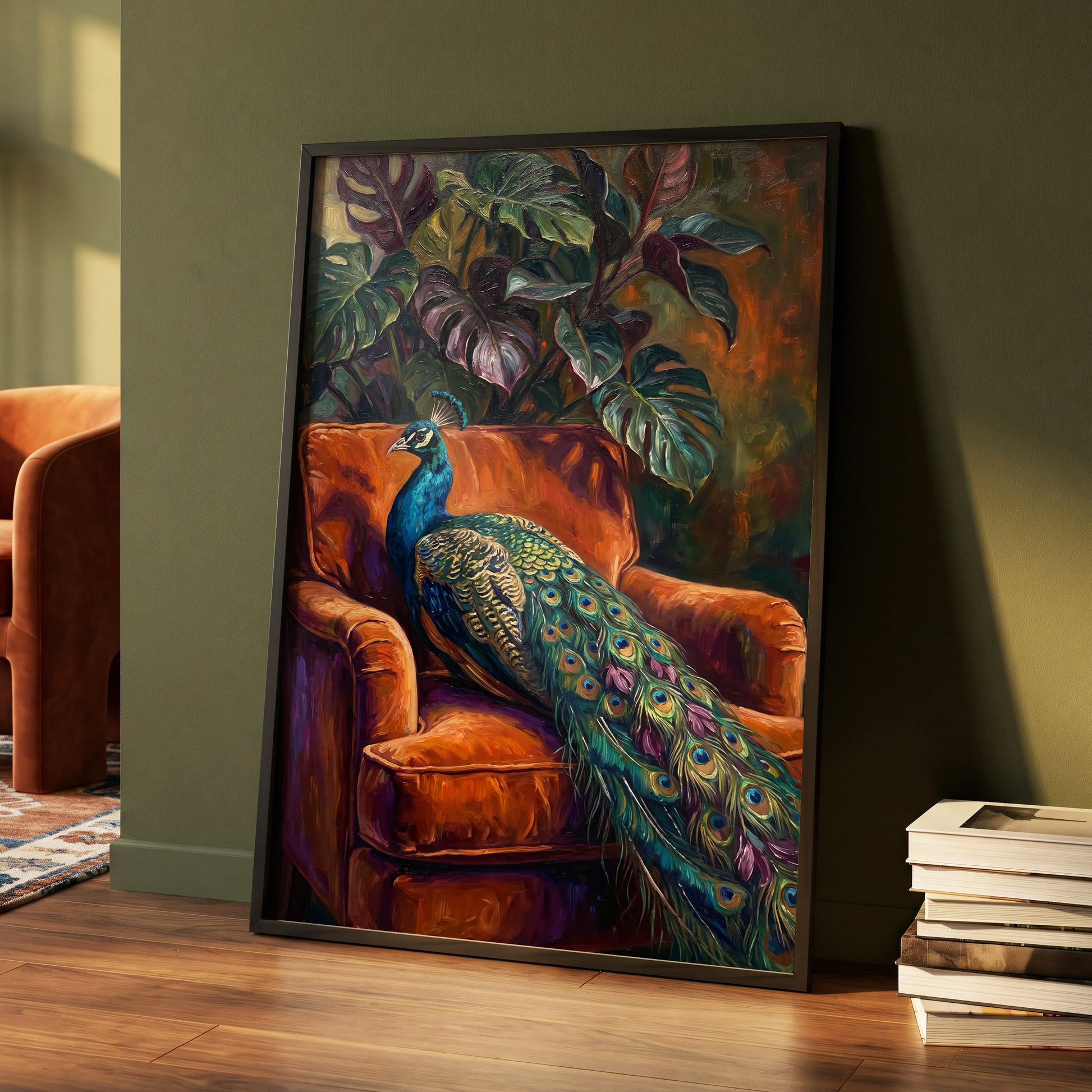 Peacock in Amber, green, orange, blue nature wall art displayed in a styled interior, gallery view 6