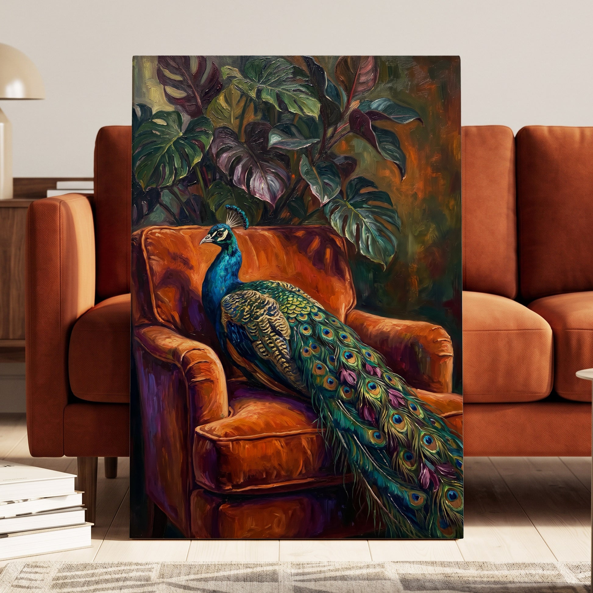 Peacock in Amber, green, orange, blue nature wall art displayed in a styled interior, gallery view 7