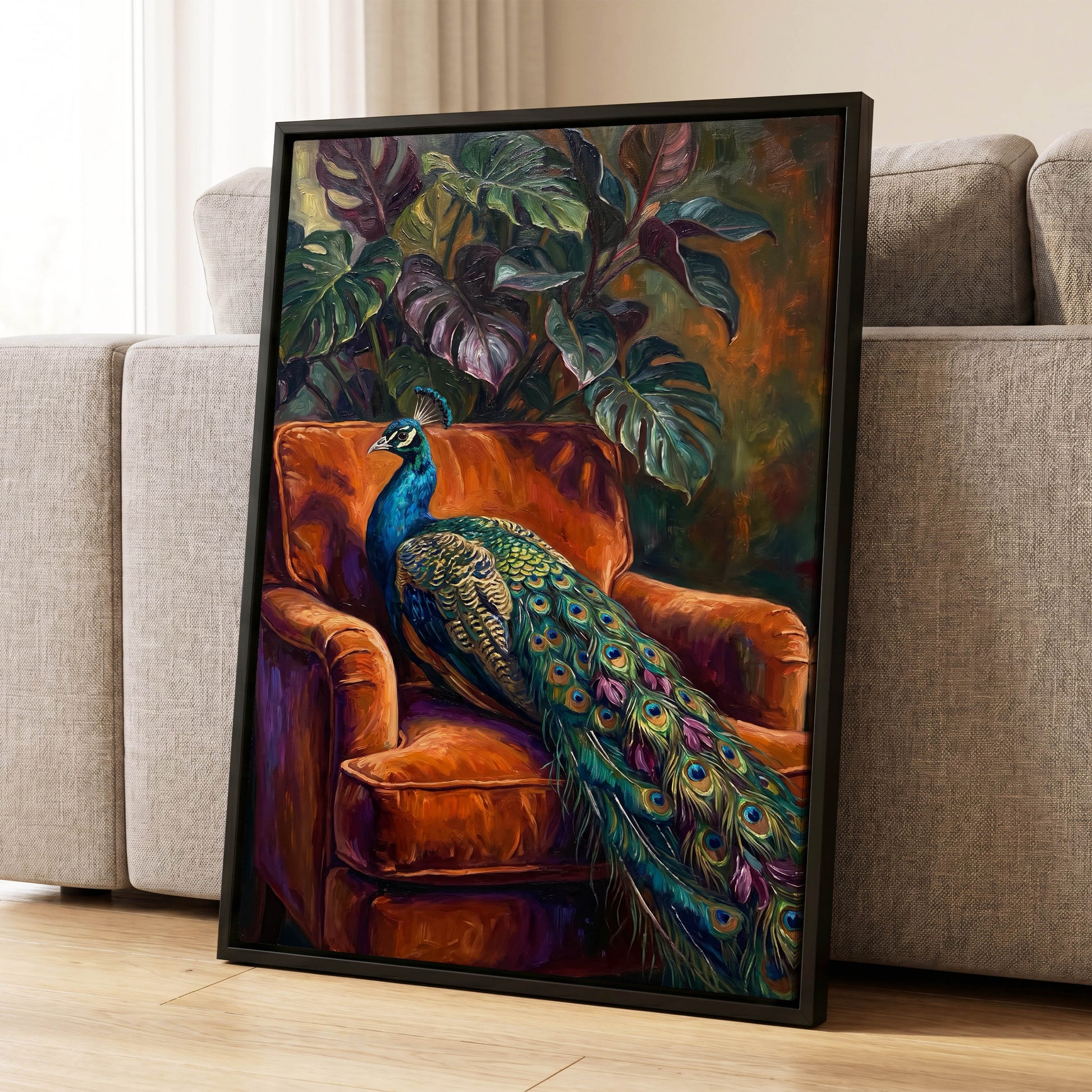 Peacock in Amber, green, orange, blue nature wall art displayed in a styled interior, gallery view 8