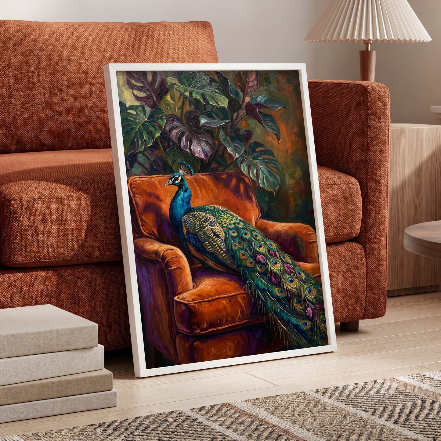 Peacock in Amber, green, orange, blue nature wall art displayed in a styled interior, gallery view 9