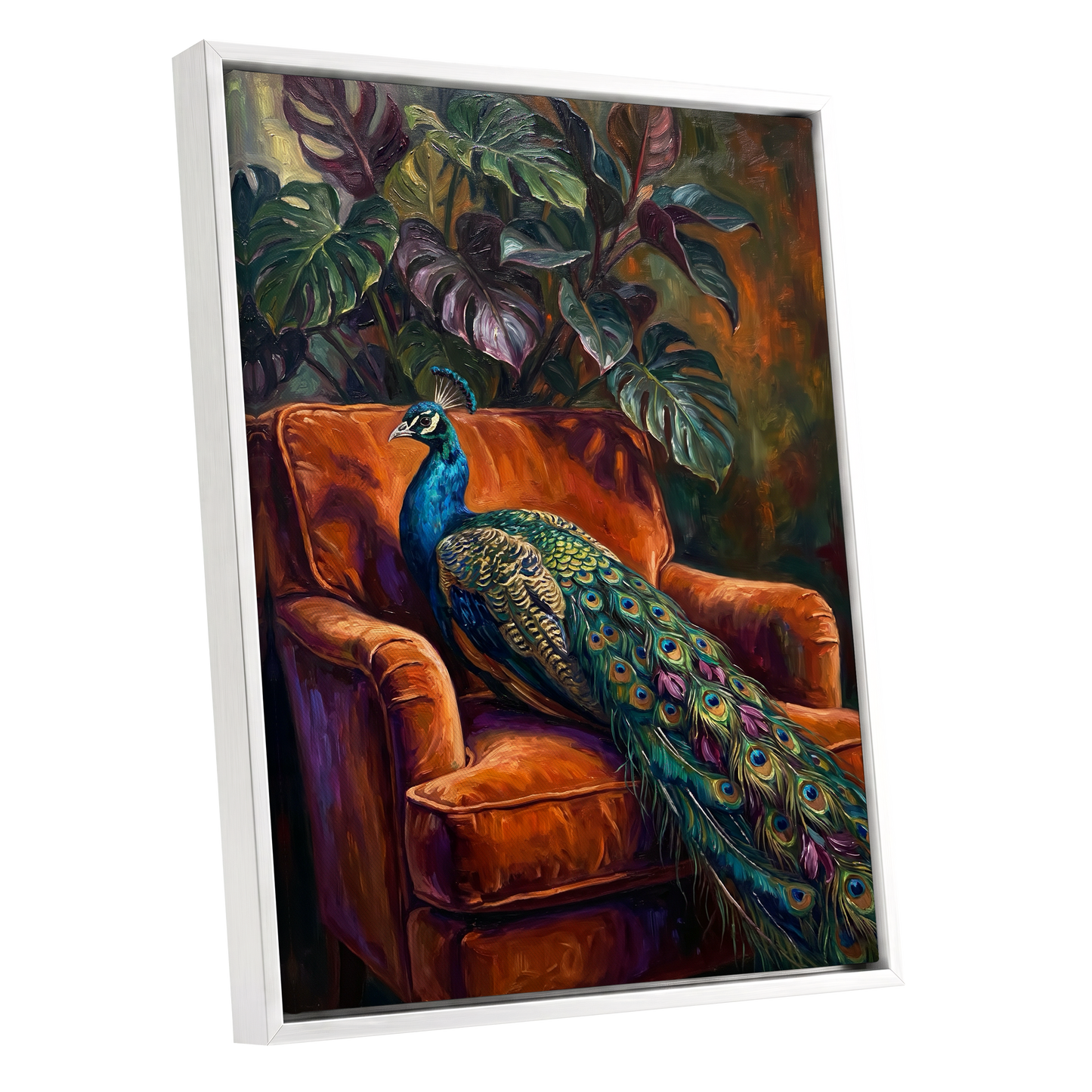 Peacock in Amber, green, orange, blue nature wall art shown as a white framed canvas wall art